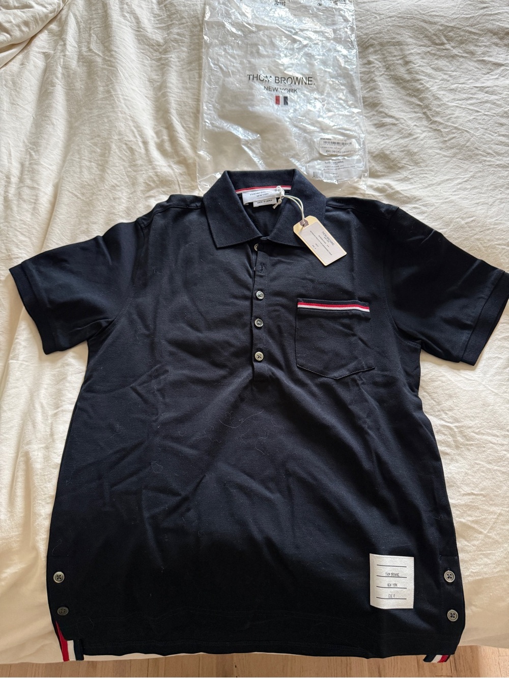 Thom Browne Black Polo with Red-White-Blue Trim